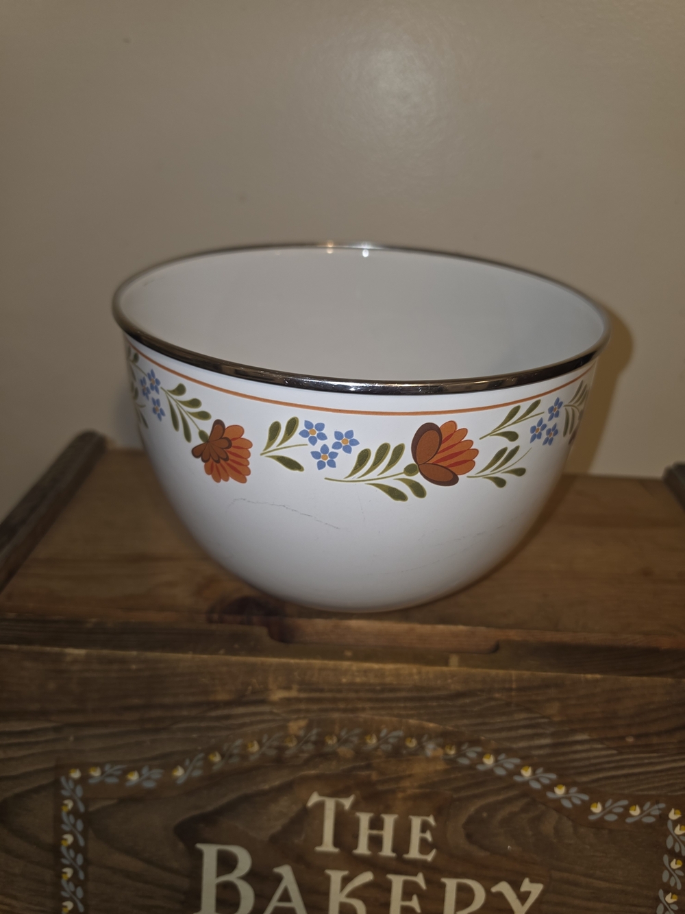 White Ceramic Mixing Bowl with Orange Floral Band